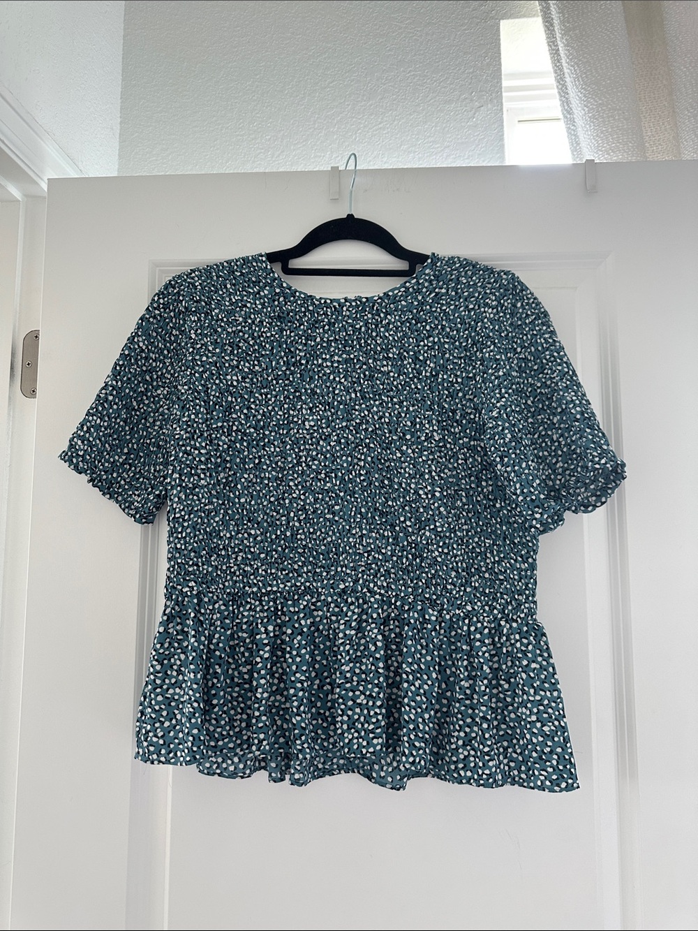 Ann Taylor Teal Dot Smocked Peplum Blouse